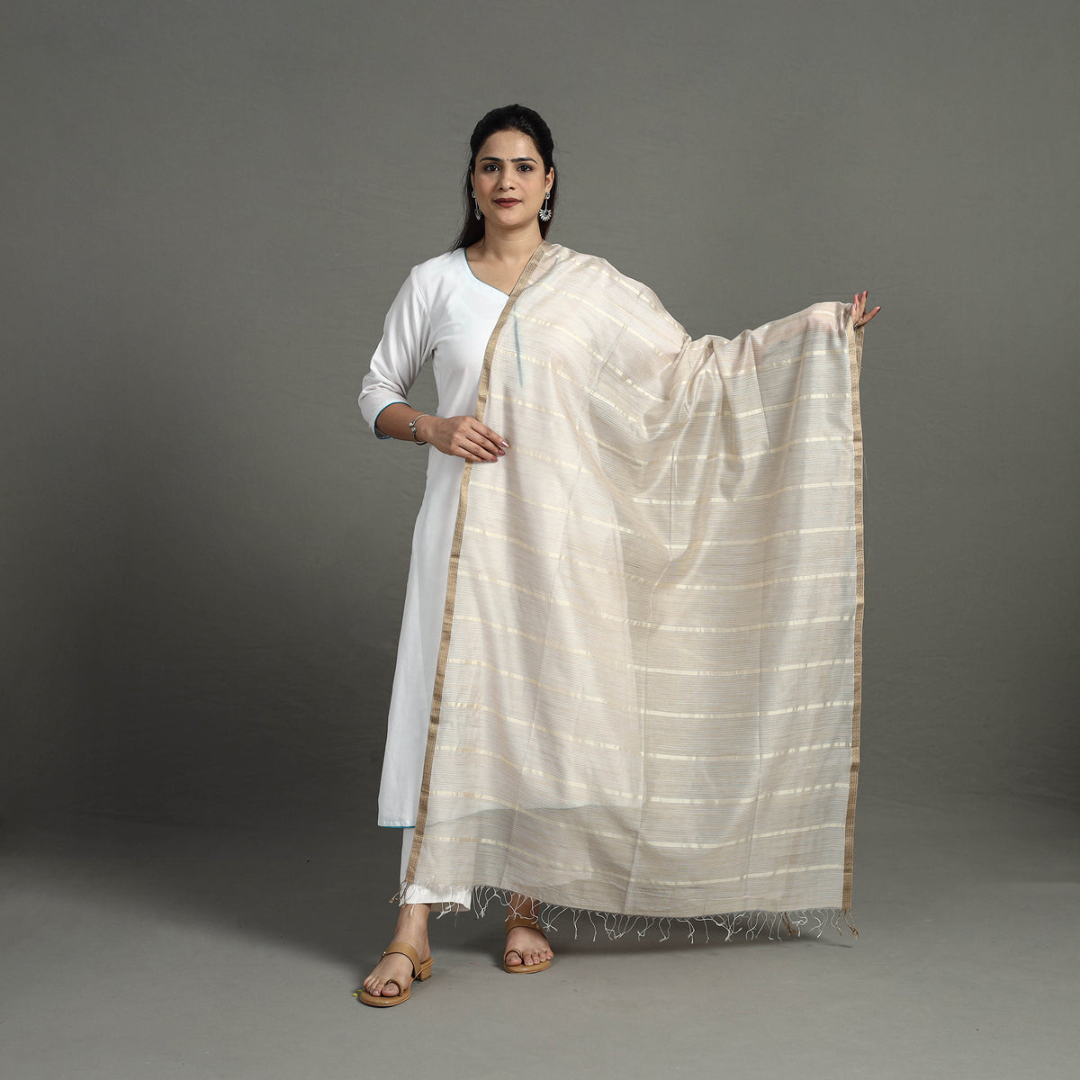 White - Handloom Silk Cotton Zari Work Stripe Maheshwari Dupatta 32