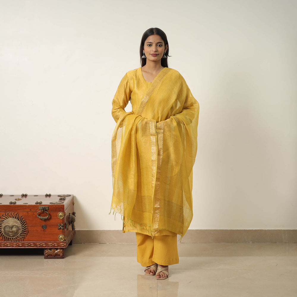 Yellow - Elegant Linen Silk Handloom Plain Kurta Set 02