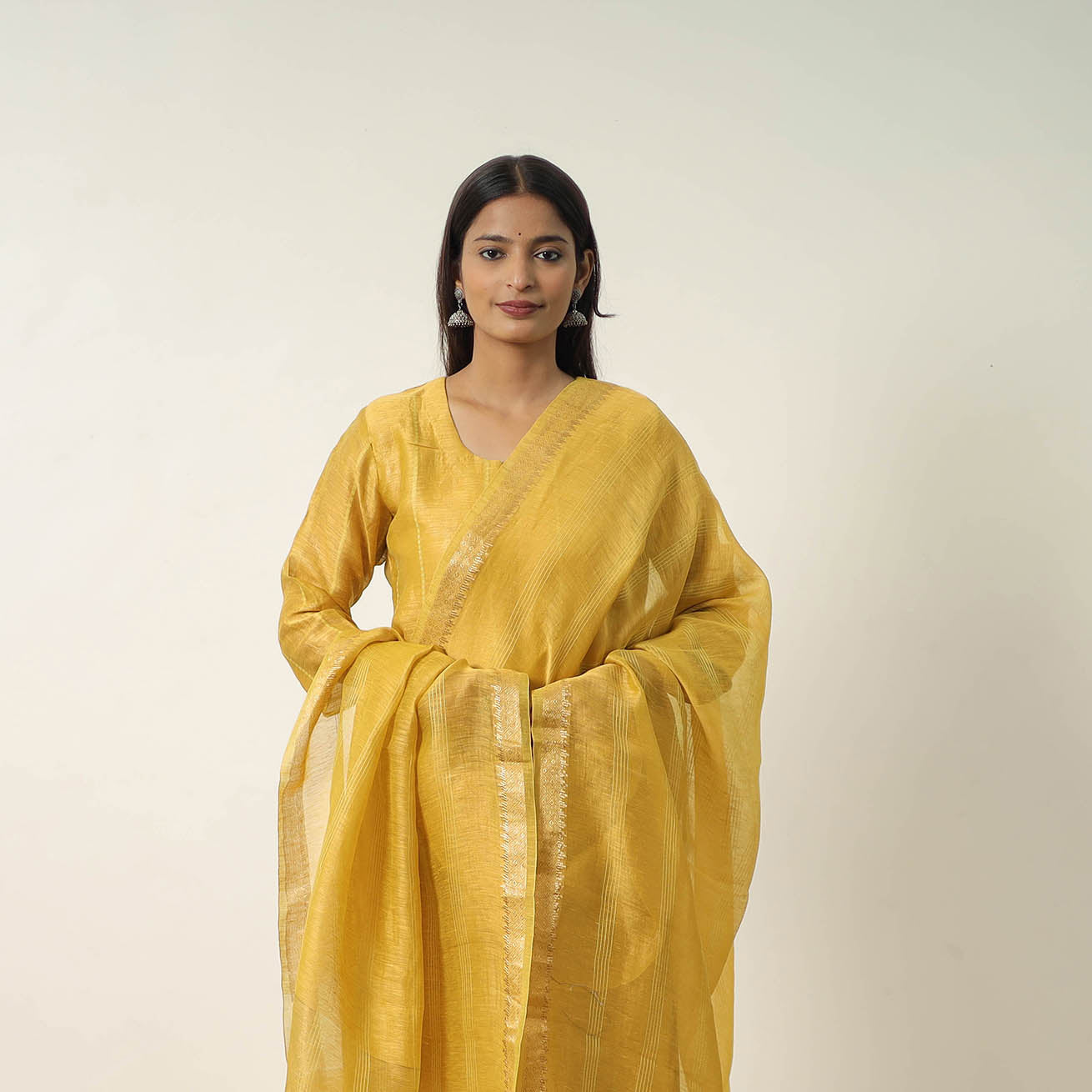 Yellow - Elegant Linen Silk Handloom Plain Kurta Set 02