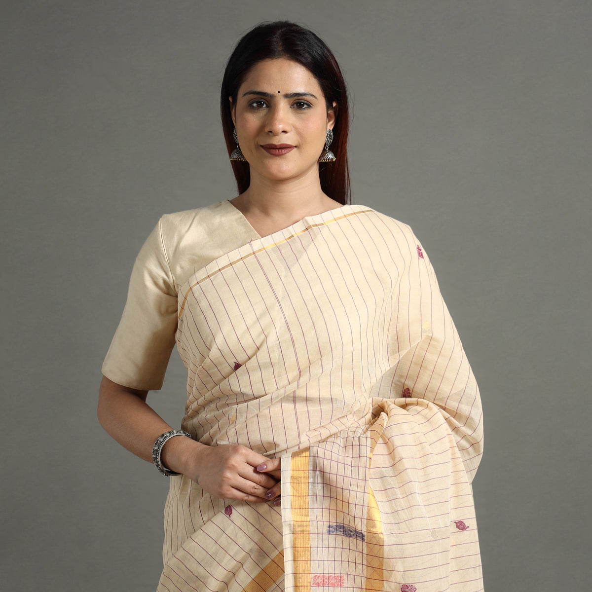 Beige - Traditional Venkatagiri Handloom Cotton Stripe Saree with Thread & Zari Buti 37