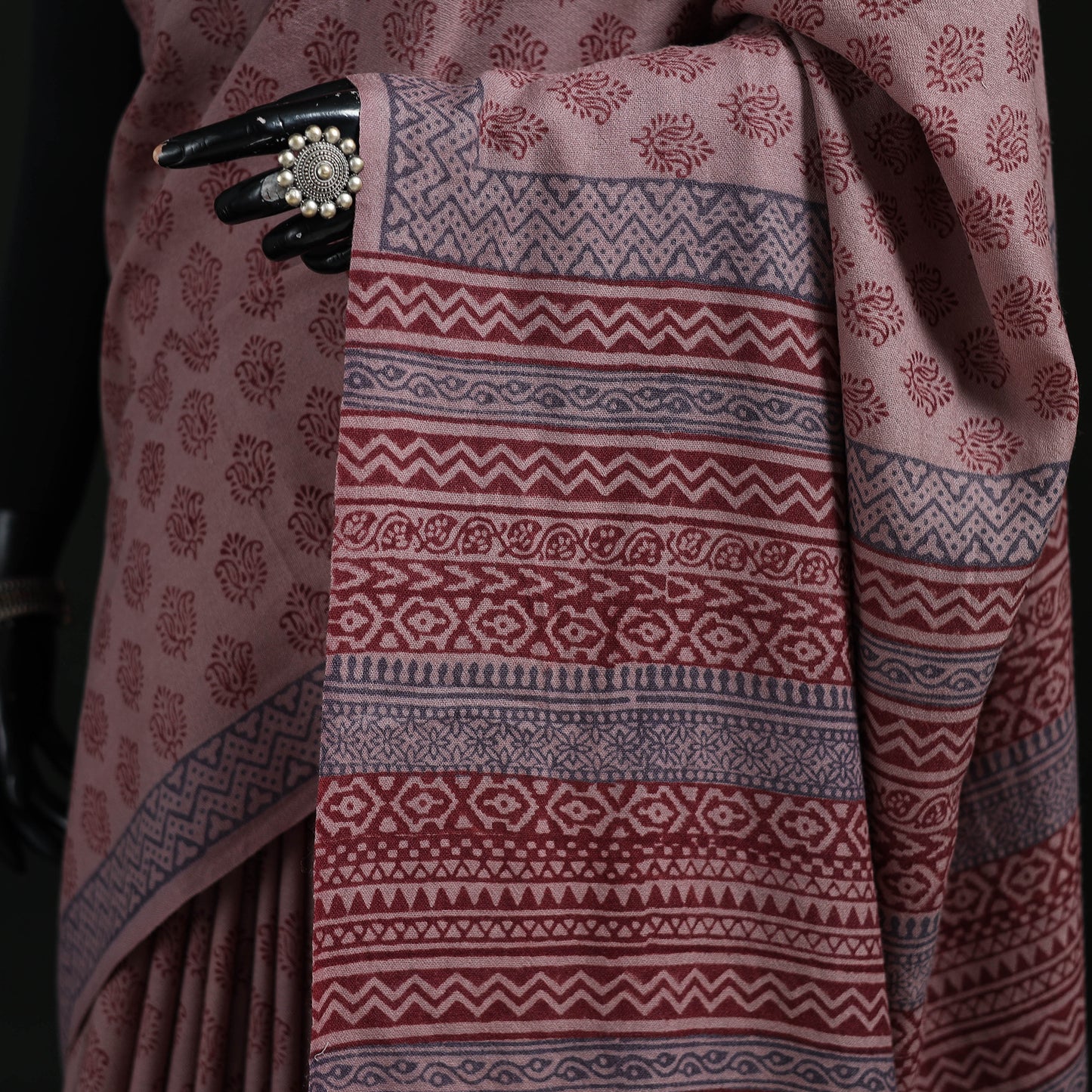 Handwoven Merino Wool Natural Dyed Hand Block Bagh Print Saree 11
