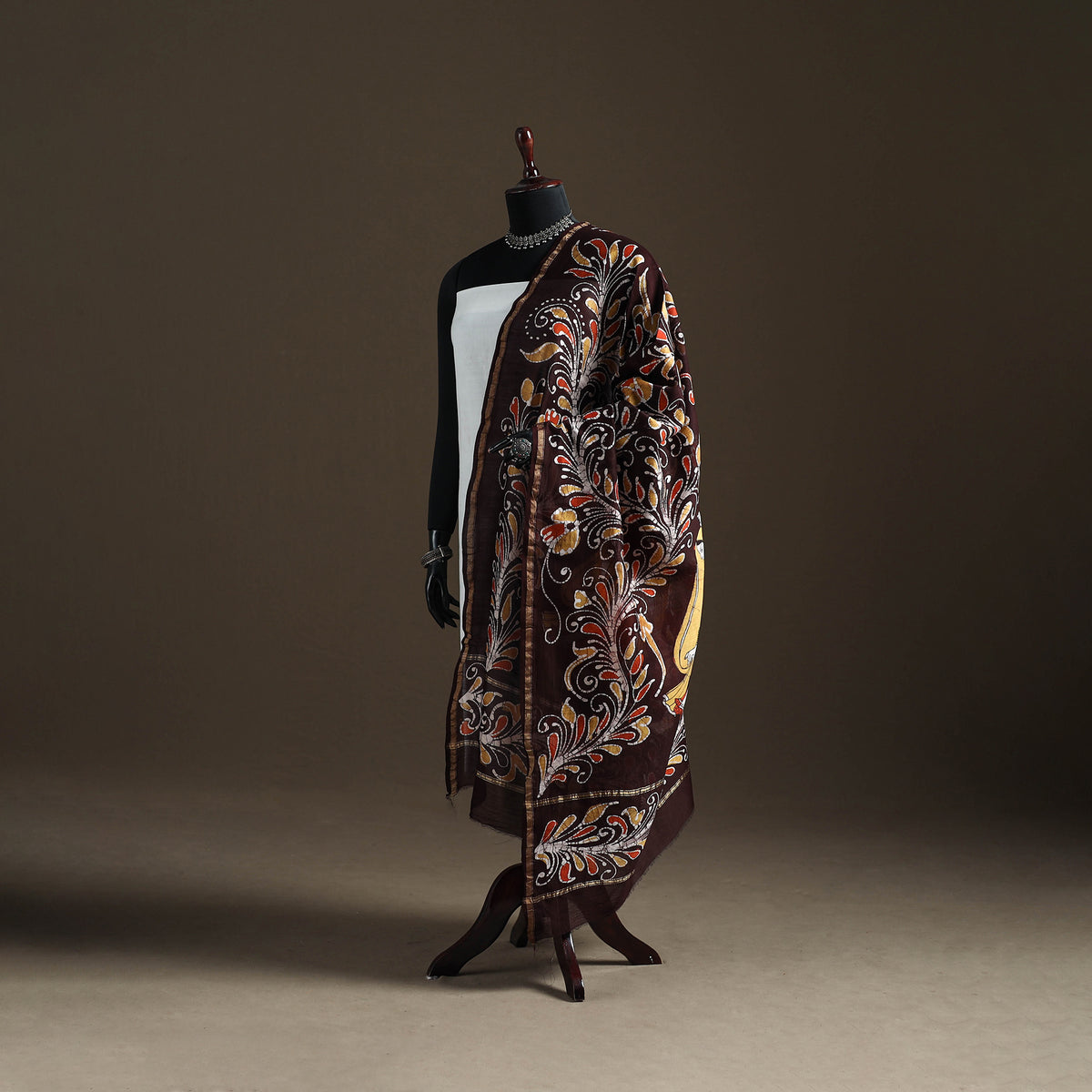 Brown - Hand Batik Print Handloom Chanderi Silk Dupatta 05