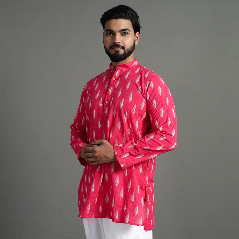 Pink - Pochampally Ikat Weave Cotton Men Short Kurta