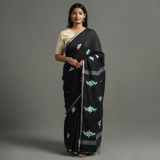 Black - Bengal Kantha Embroidery Handloom Cotton Saree