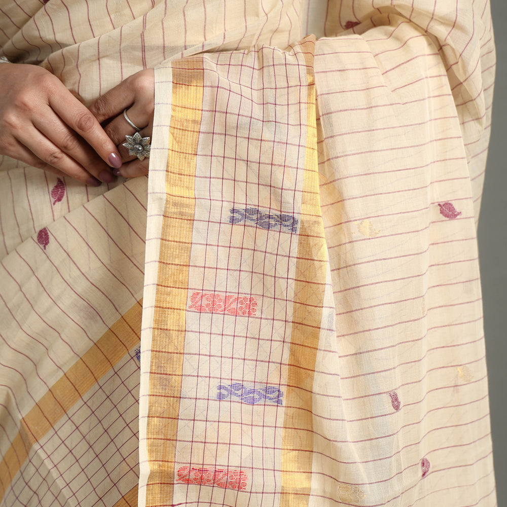 Beige - Traditional Venkatagiri Handloom Cotton Stripe Saree with Thread & Zari Buti 37