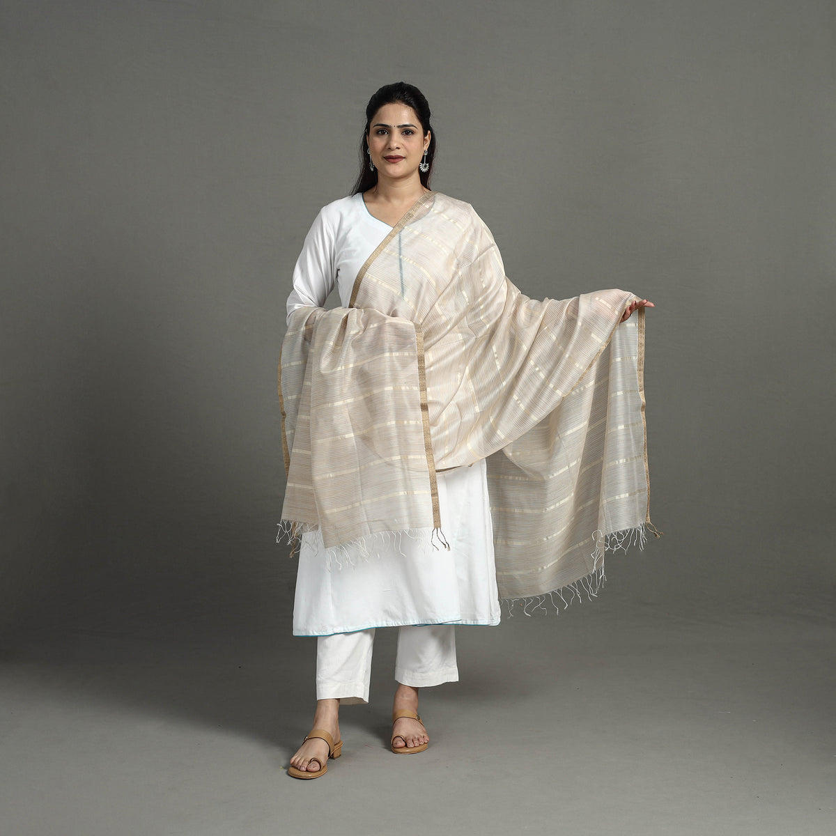 White - Handloom Silk Cotton Zari Work Stripe Maheshwari Dupatta 32