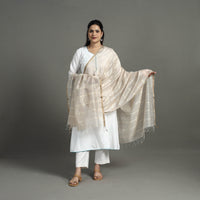 White - Handloom Silk Cotton Zari Work Stripe Maheshwari Dupatta 32