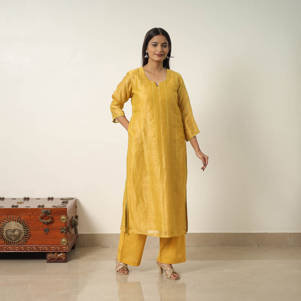 Yellow - Elegant Linen Silk Handloom Plain Kurta Set 02