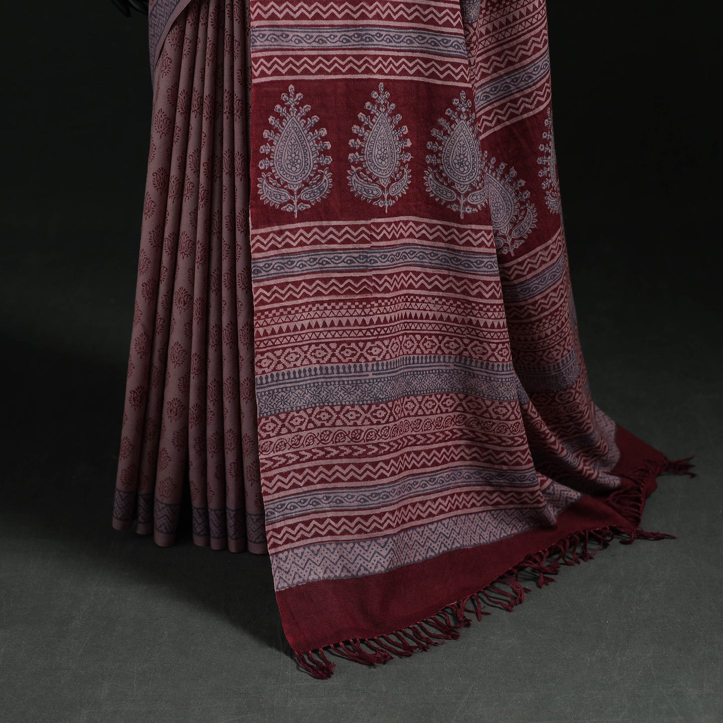 Handwoven Merino Wool Natural Dyed Hand Block Bagh Print Saree 11