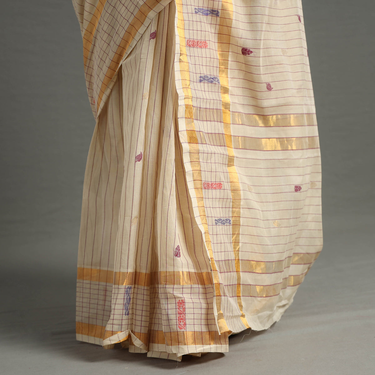 Beige - Traditional Venkatagiri Handloom Cotton Stripe Saree with Thread & Zari Buti 37