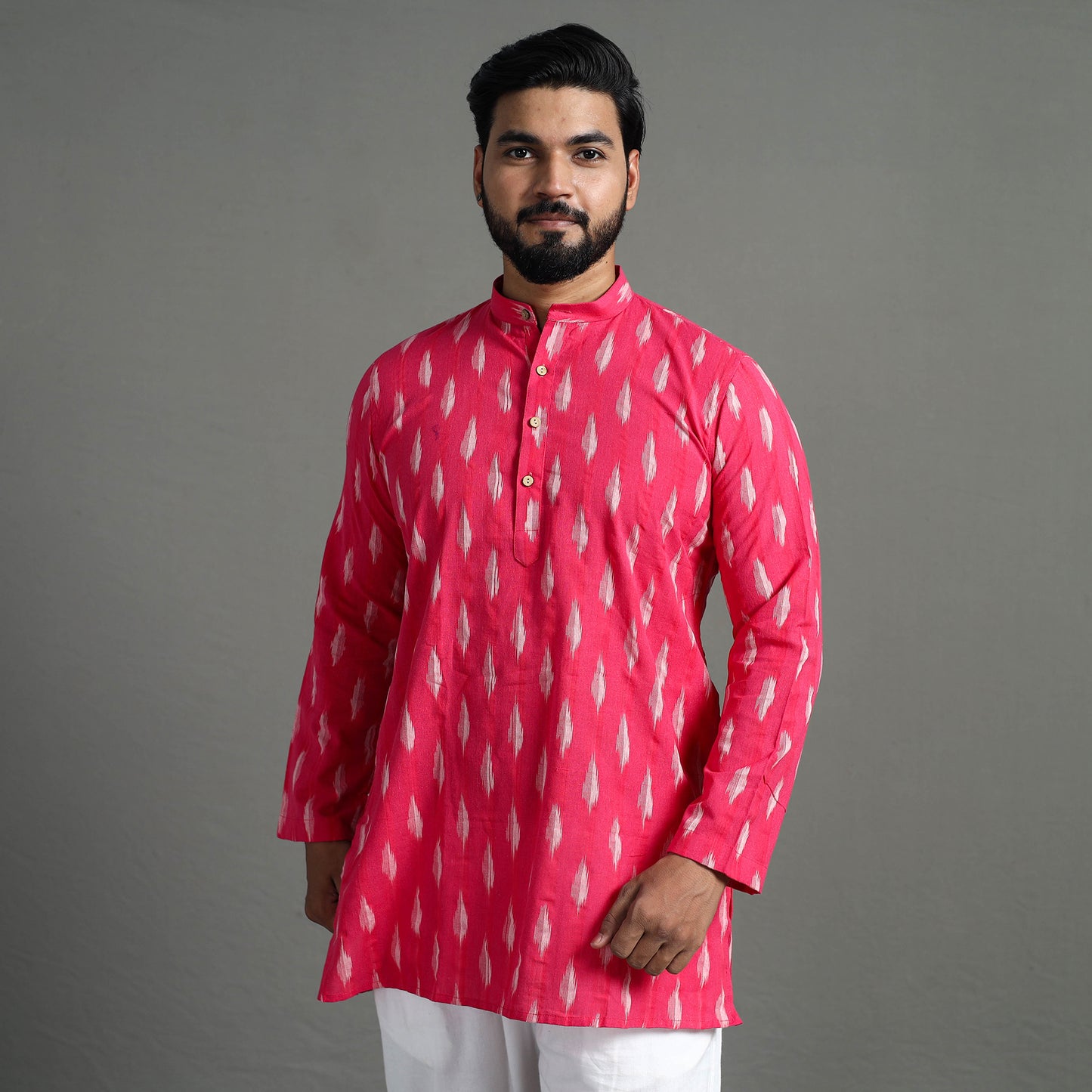 Pink - Pochampally Ikat Weave Cotton Men Short Kurta