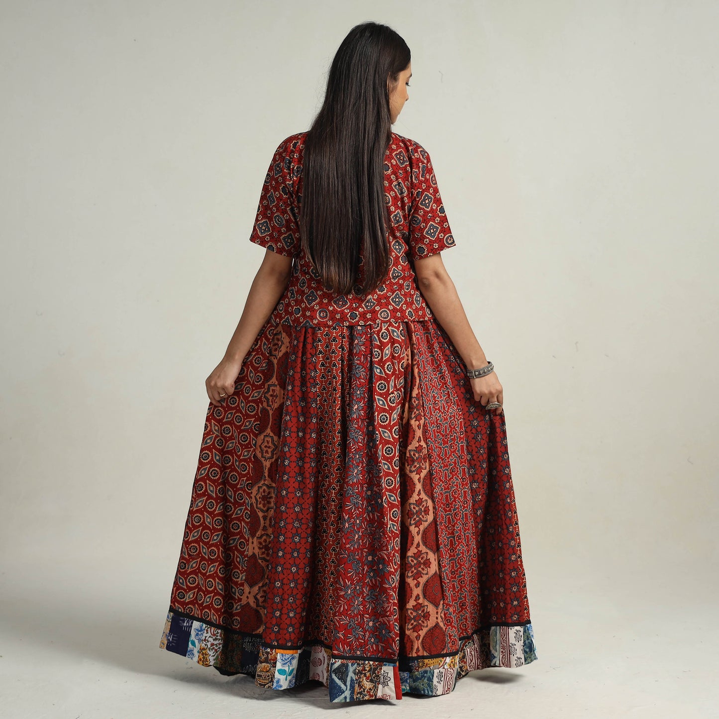 Multicolor - Kutch Block Printed 24 Kali Cotton Long Skirt 34