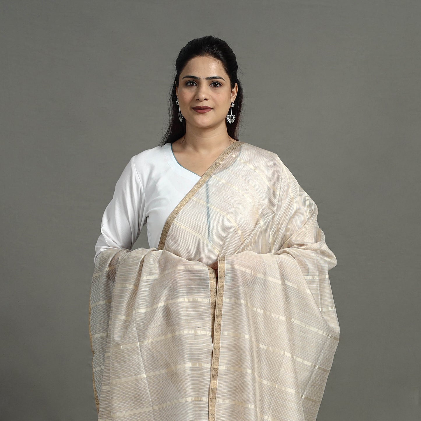 White - Handloom Silk Cotton Zari Work Stripe Maheshwari Dupatta 32