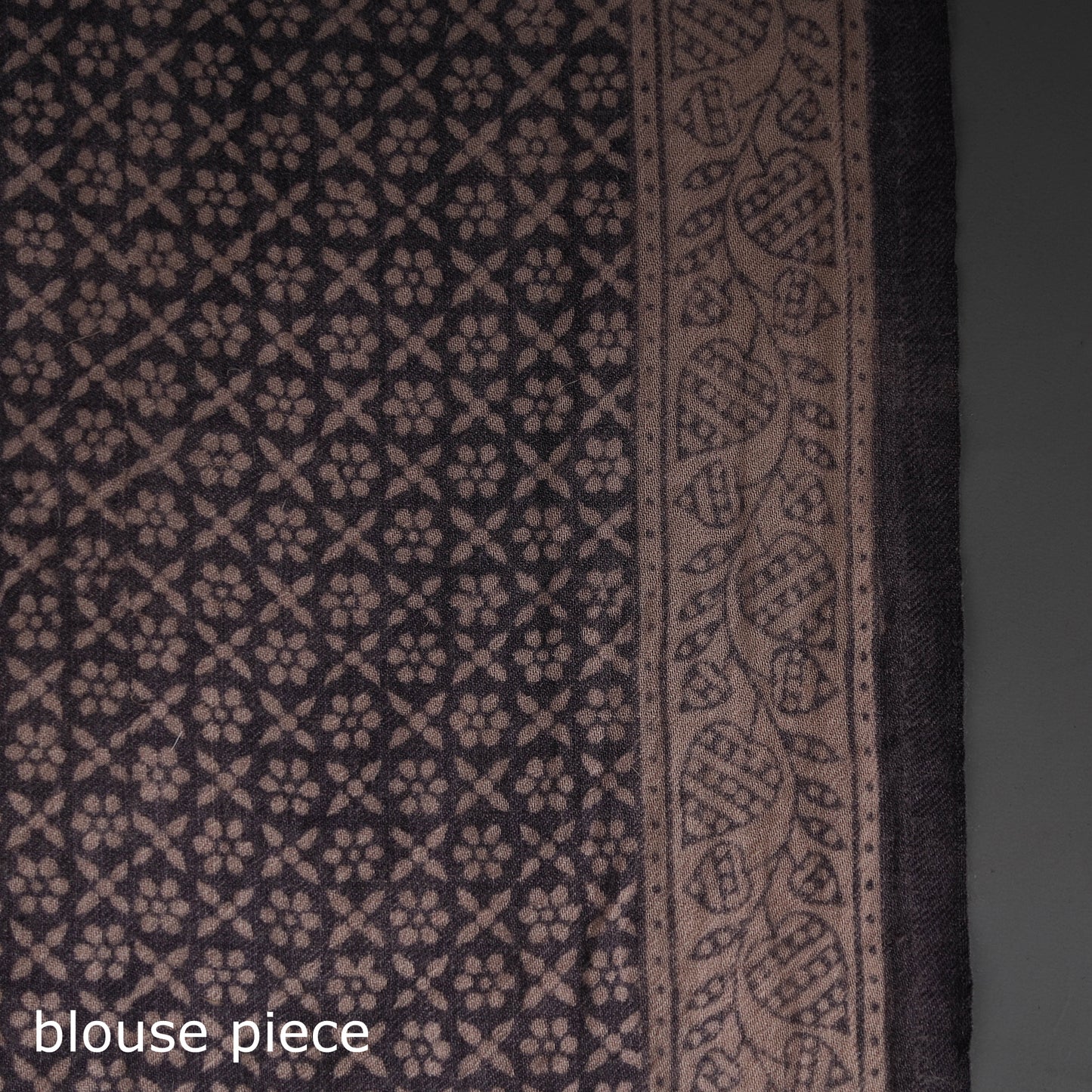 Beige - Handwoven Merino Wool Bagh Block Print Saree 02