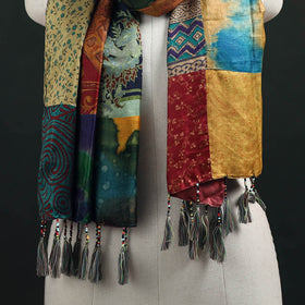 Pure Silk Reversible Patchwork Stole with Tassels 01