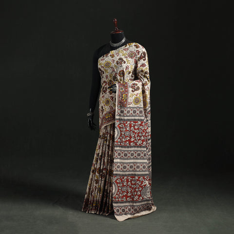 Beige - Kalamkari Printed Cotton Saree 29