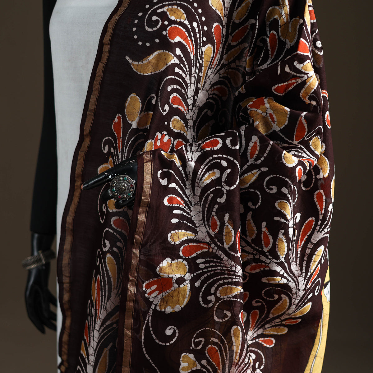 Brown - Hand Batik Print Handloom Chanderi Silk Dupatta 05