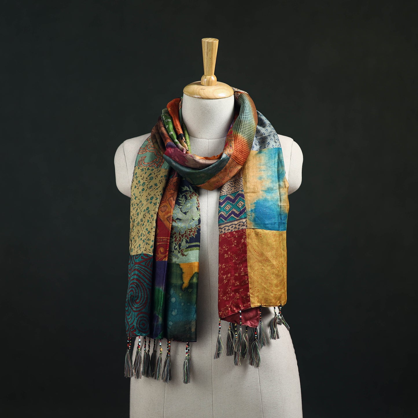 Pure Silk Reversible Patchwork Stole with Tassels 01