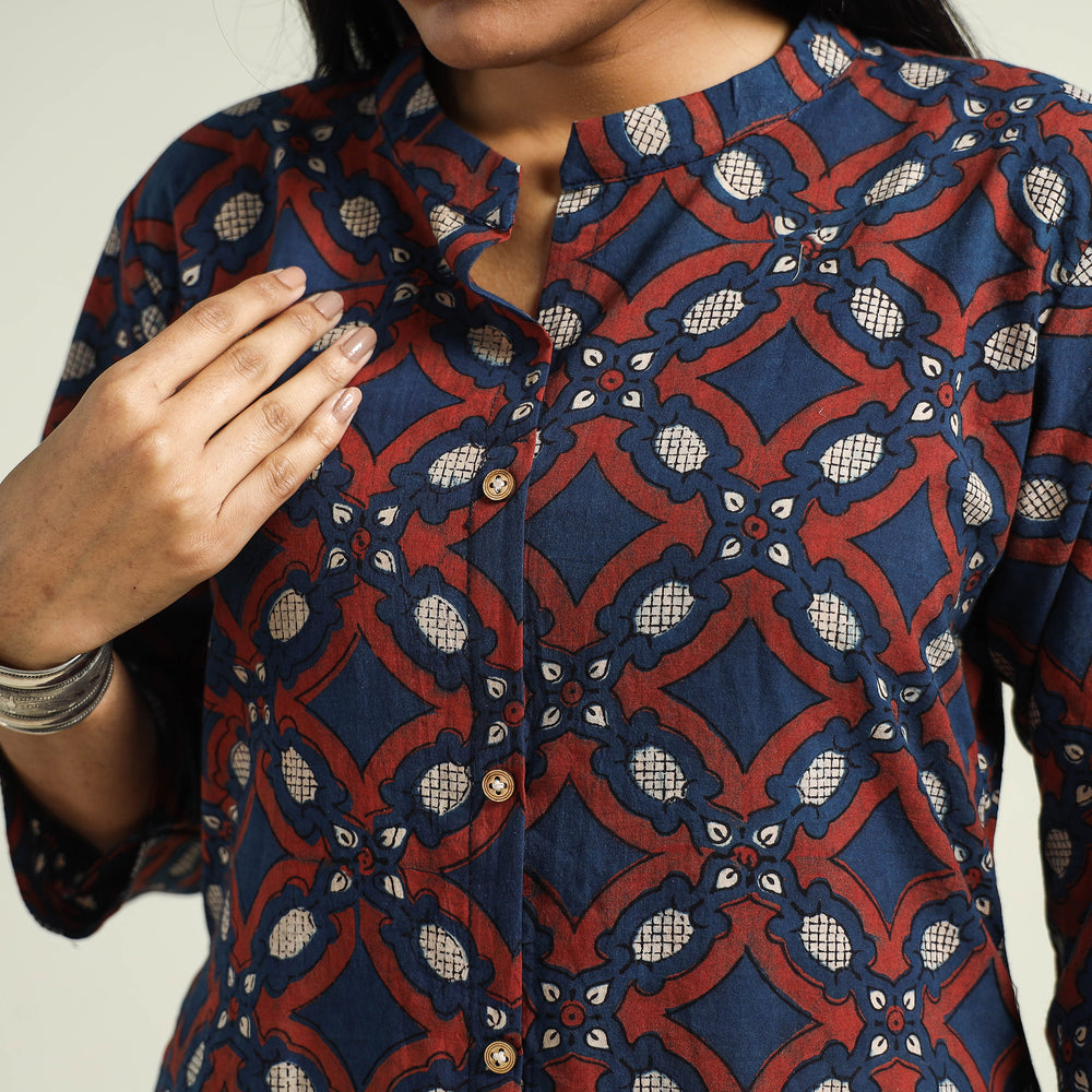 Blue with Geometric - Ajrakh Hand Block Printed Cotton A-Line Kurta