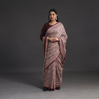 Beige - Handwoven Merino Wool Bagh Block Print Saree 01