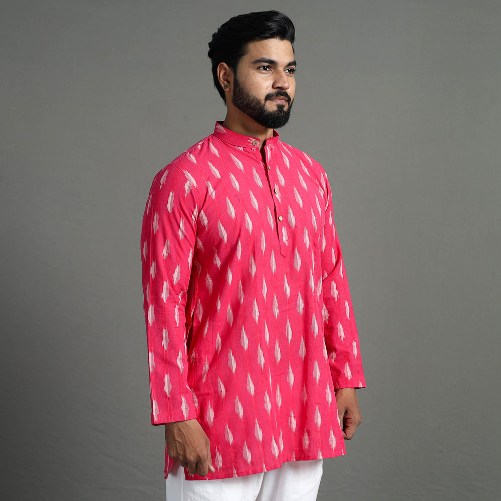 Pink - Pochampally Ikat Weave Cotton Men Short Kurta