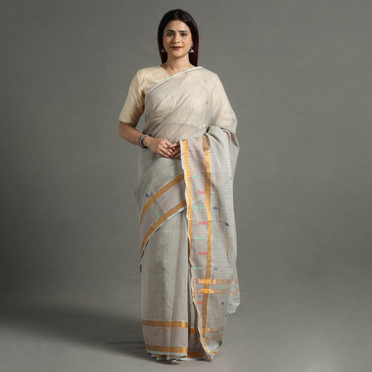 Grey - Traditional Venkatagiri Handloom Cotton Stripe Saree with Thread & Zari Buti 36