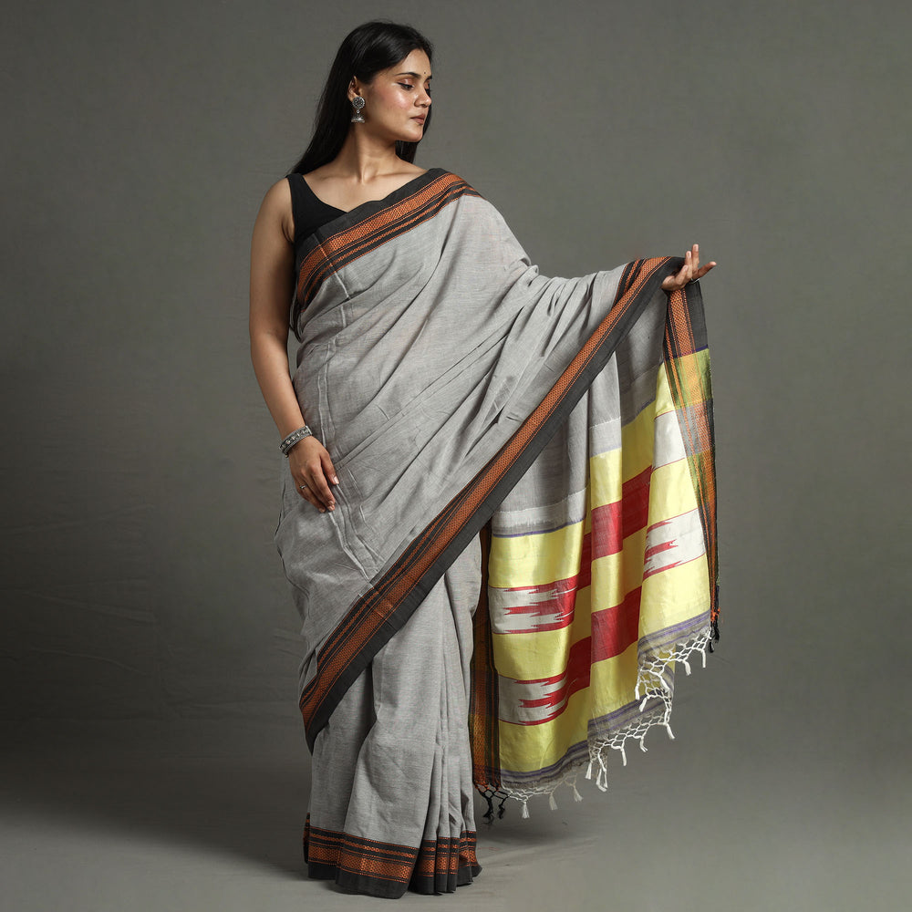 Grey - Ilkal Handloom Cotton Saree With Chikki Paras Border 11