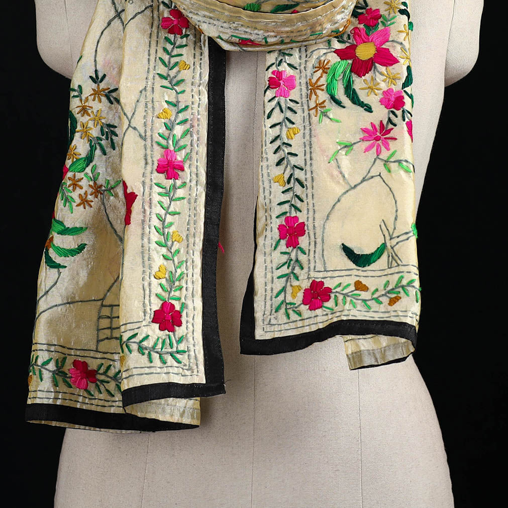 Beige - Ranihati Chanderi Silk Hand Embroidered Stole 85