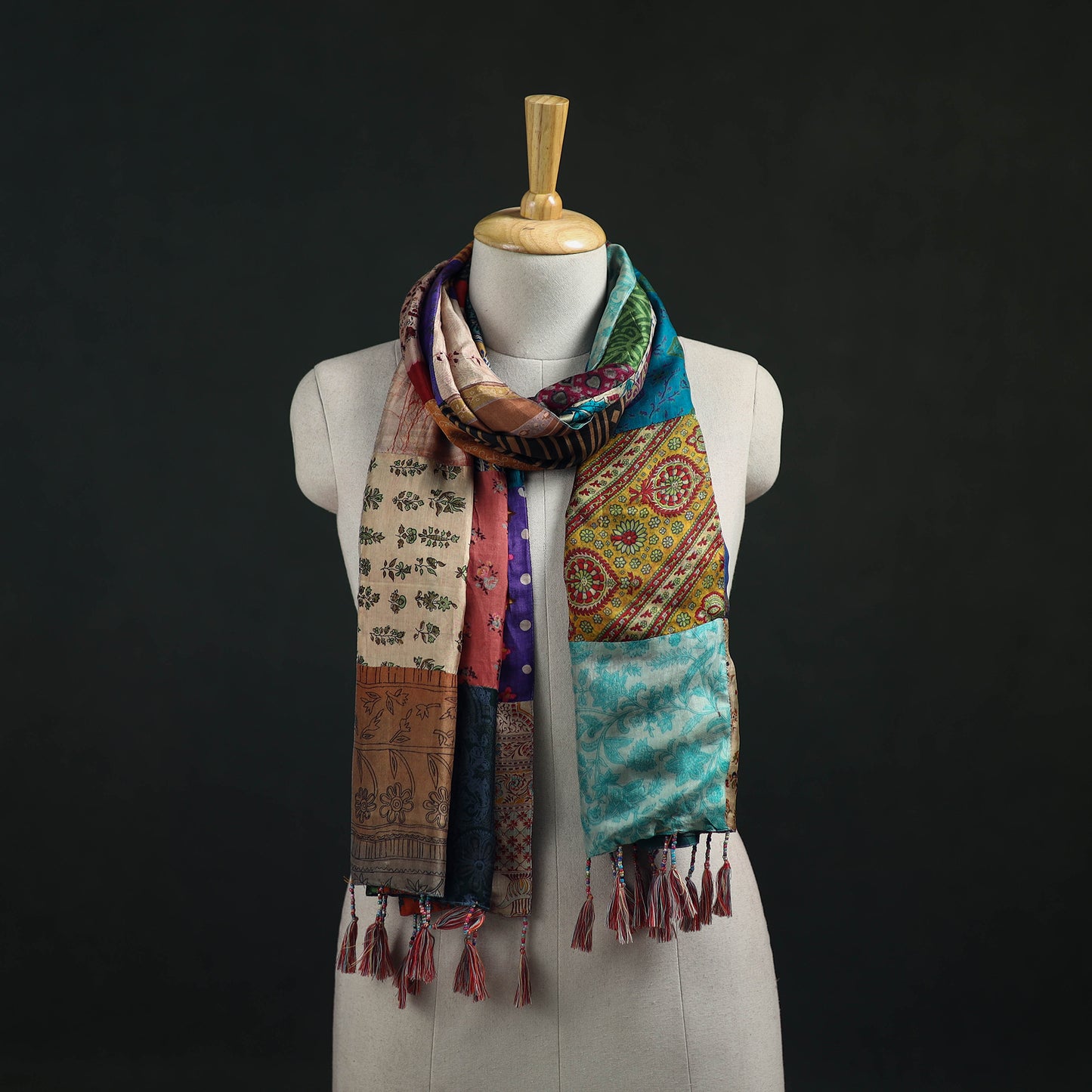 Pure Silk Reversible Patchwork Stole with Tassels 02