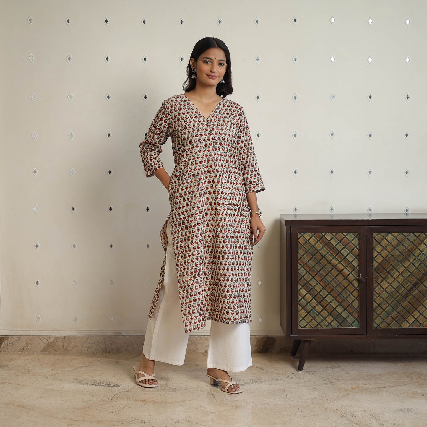 Multicolor - Sequins Work Cotton Straight Ajrakh Print Kurta 02