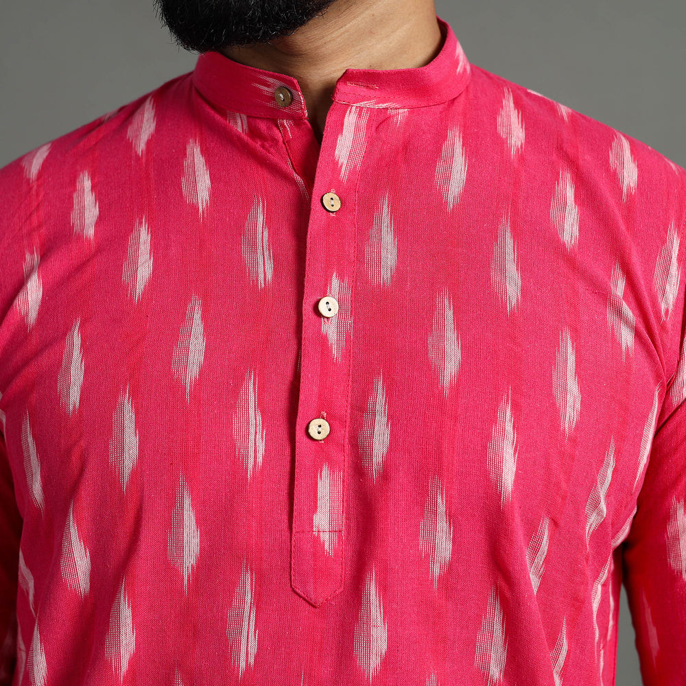 Pink - Pochampally Ikat Weave Cotton Men Short Kurta