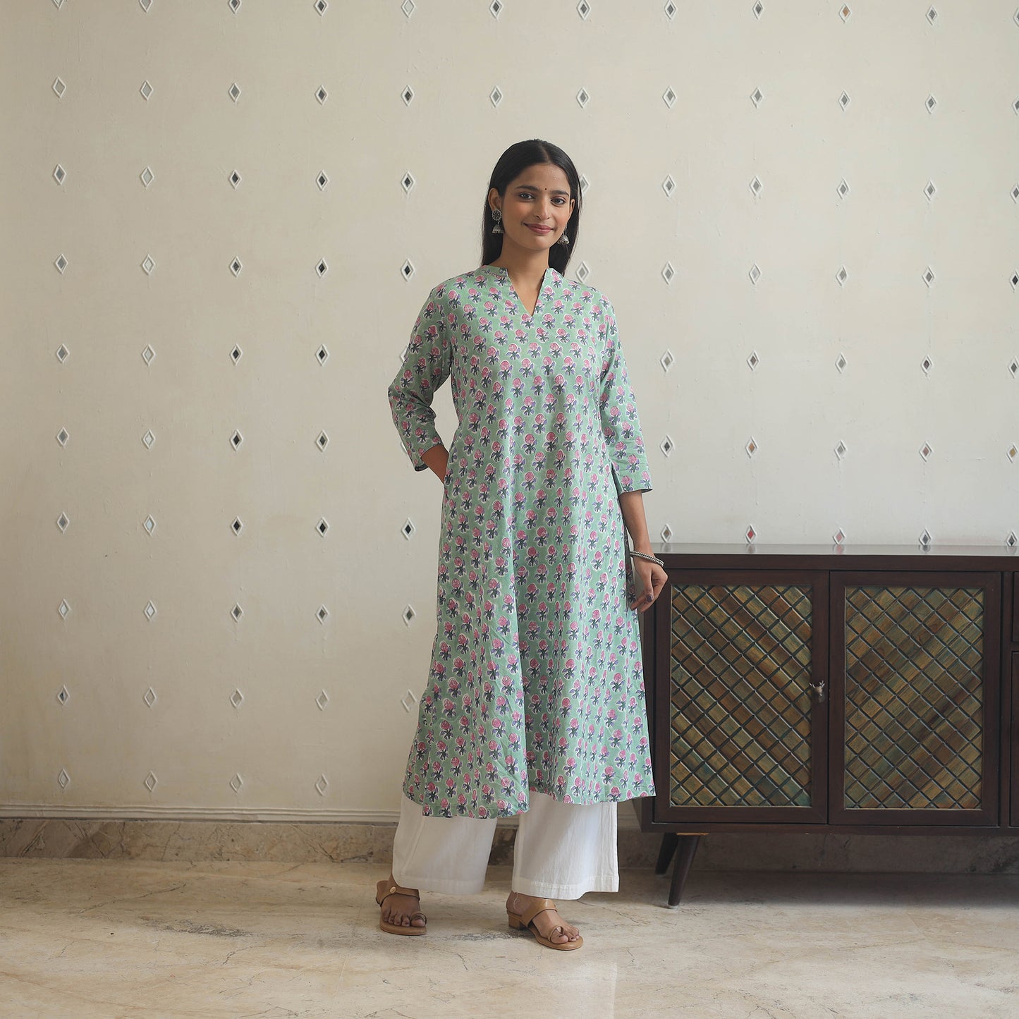 Light Green - Block Print Cotton A-Line Sanganeri Kurta 11
