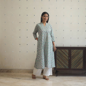 Light Green - Block Print Cotton A-Line Sanganeri Kurta 11