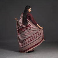 Beige - Handwoven Merino Wool Bagh Block Print Saree 01