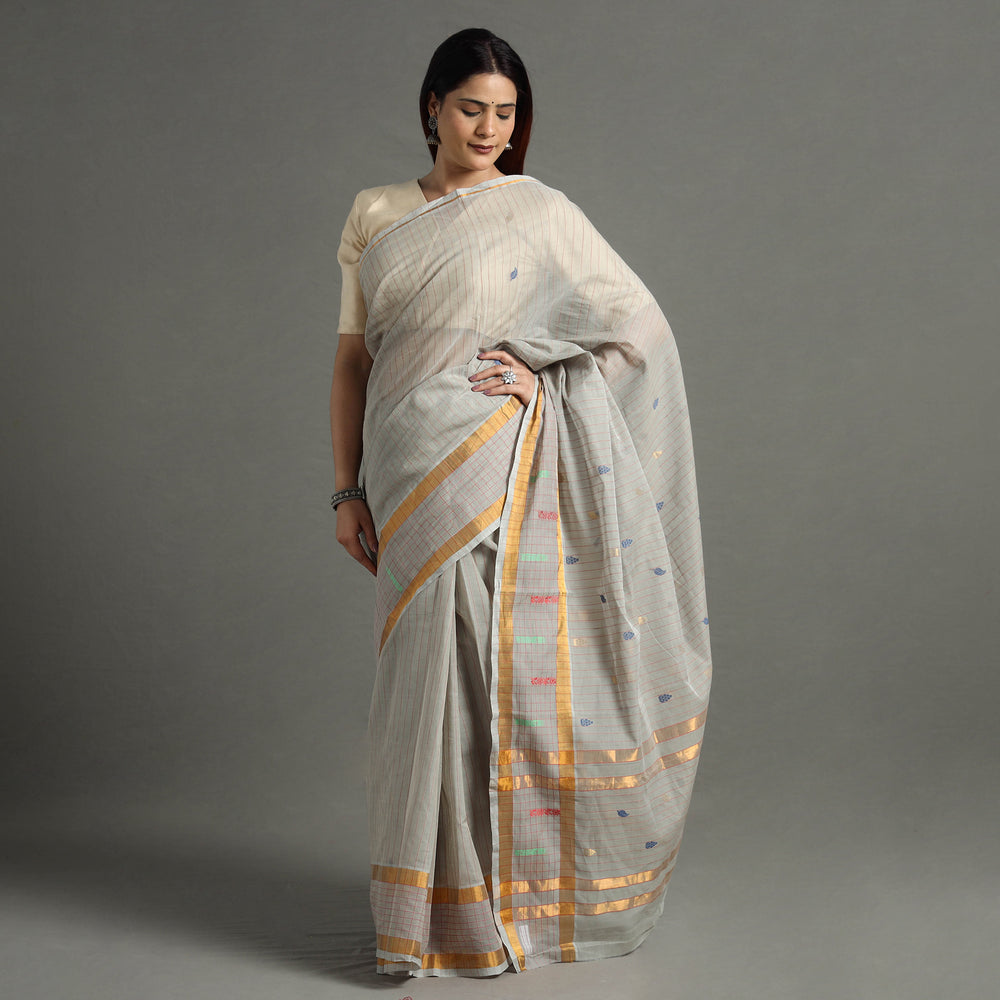 Grey - Traditional Venkatagiri Handloom Cotton Stripe Saree with Thread & Zari Buti 36