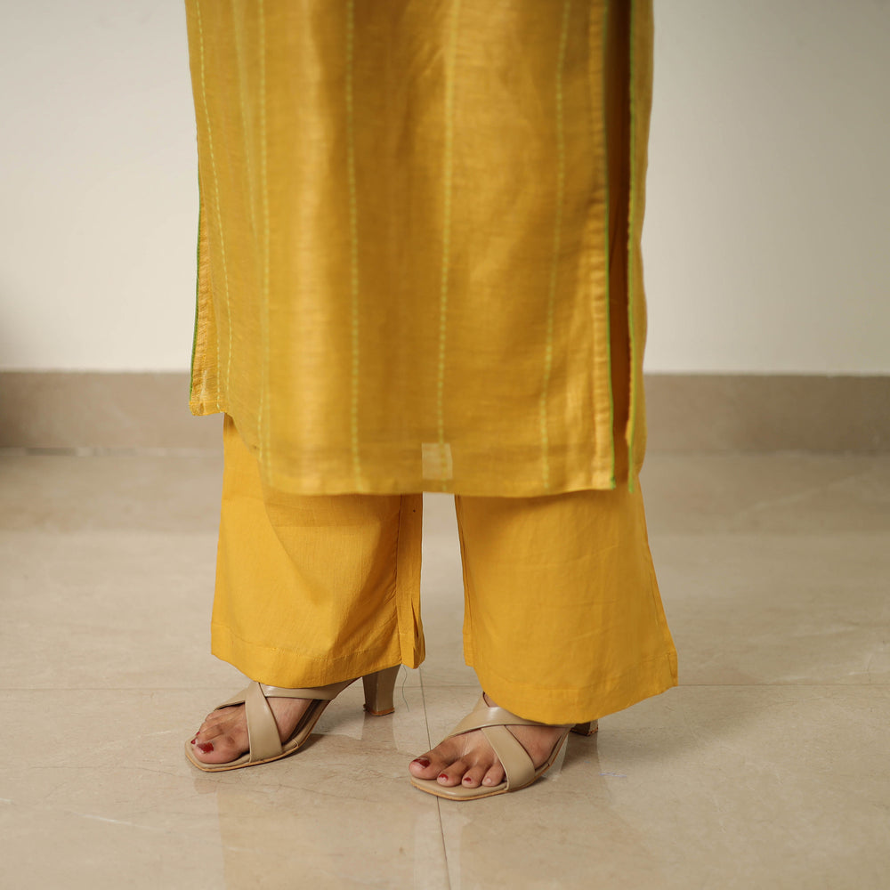 Yellow - Elegant Linen Silk Handloom Plain Kurta Set 02