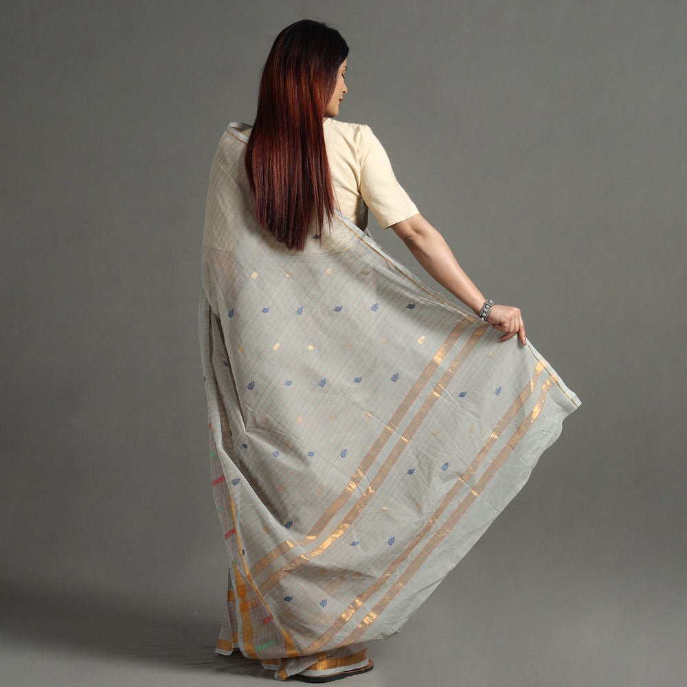 Grey - Traditional Venkatagiri Handloom Cotton Stripe Saree with Thread & Zari Buti 36