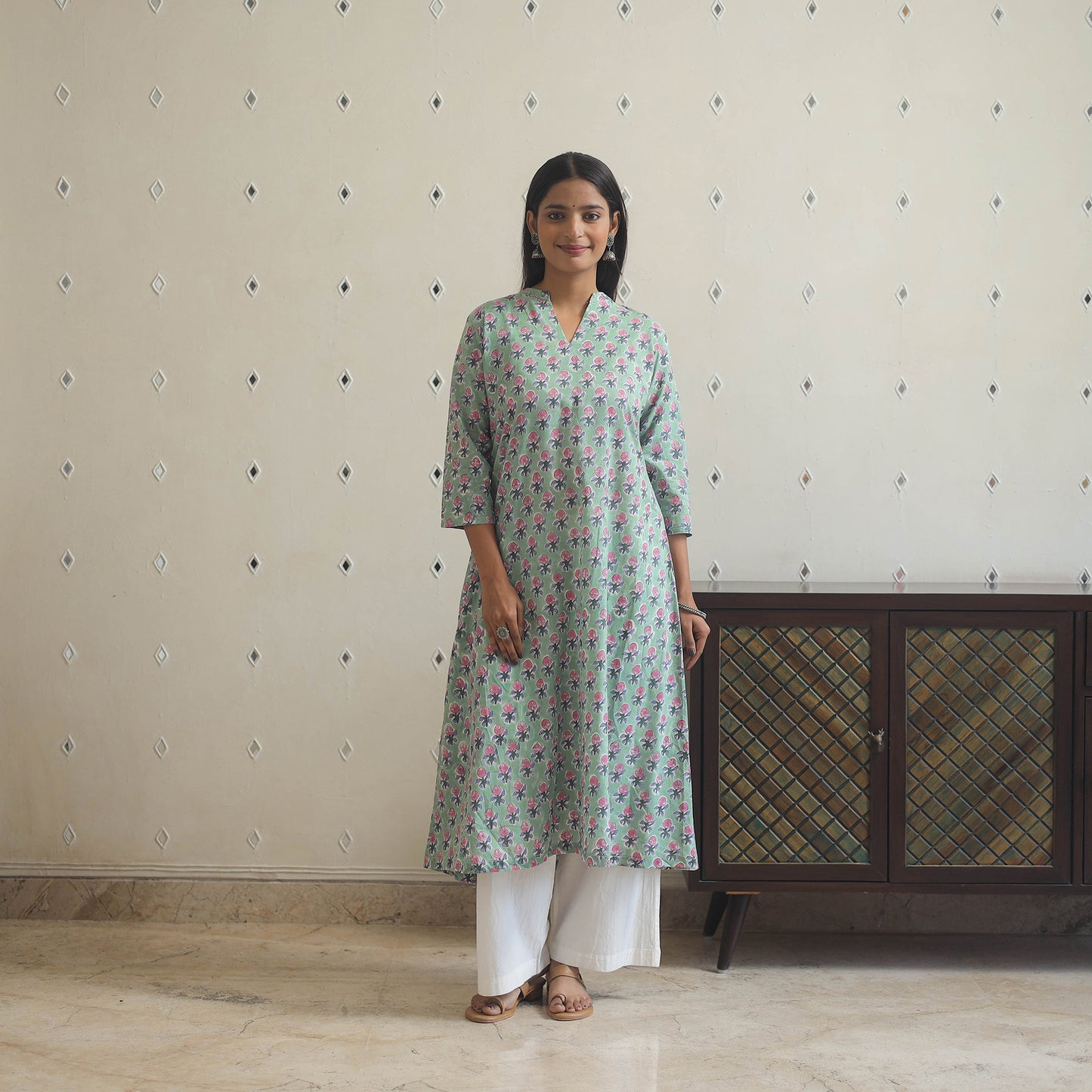 Light Green - Block Print Cotton A-Line Sanganeri Kurta 11