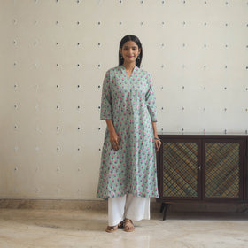 Light Green - Block Print Cotton A-Line Sanganeri Kurta 11