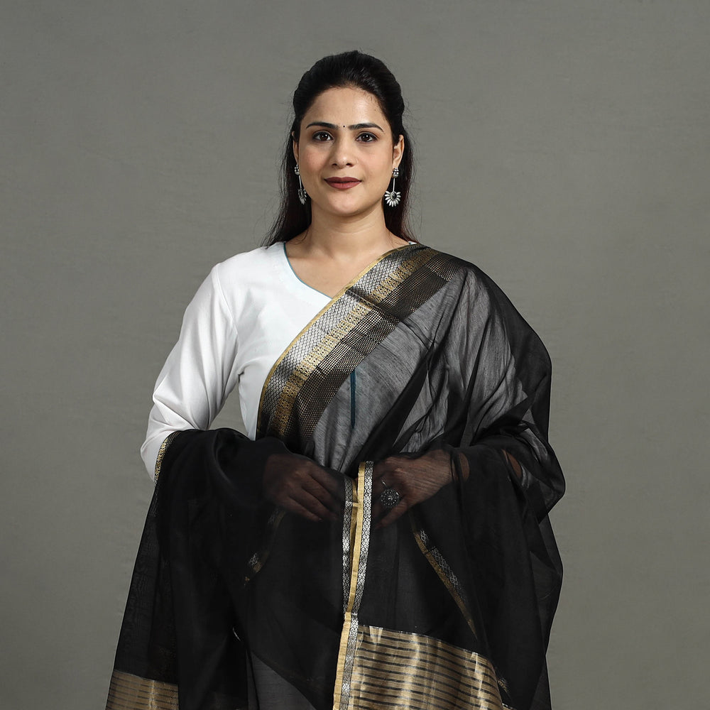 Black - Handloom Silk Cotton Zari Work Maheshwari Dupatta 33