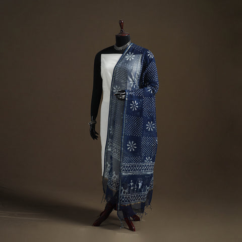 Blue - Pipad Hand Block Print Natural Dyed Kota Doria Cotton Dupatta 12