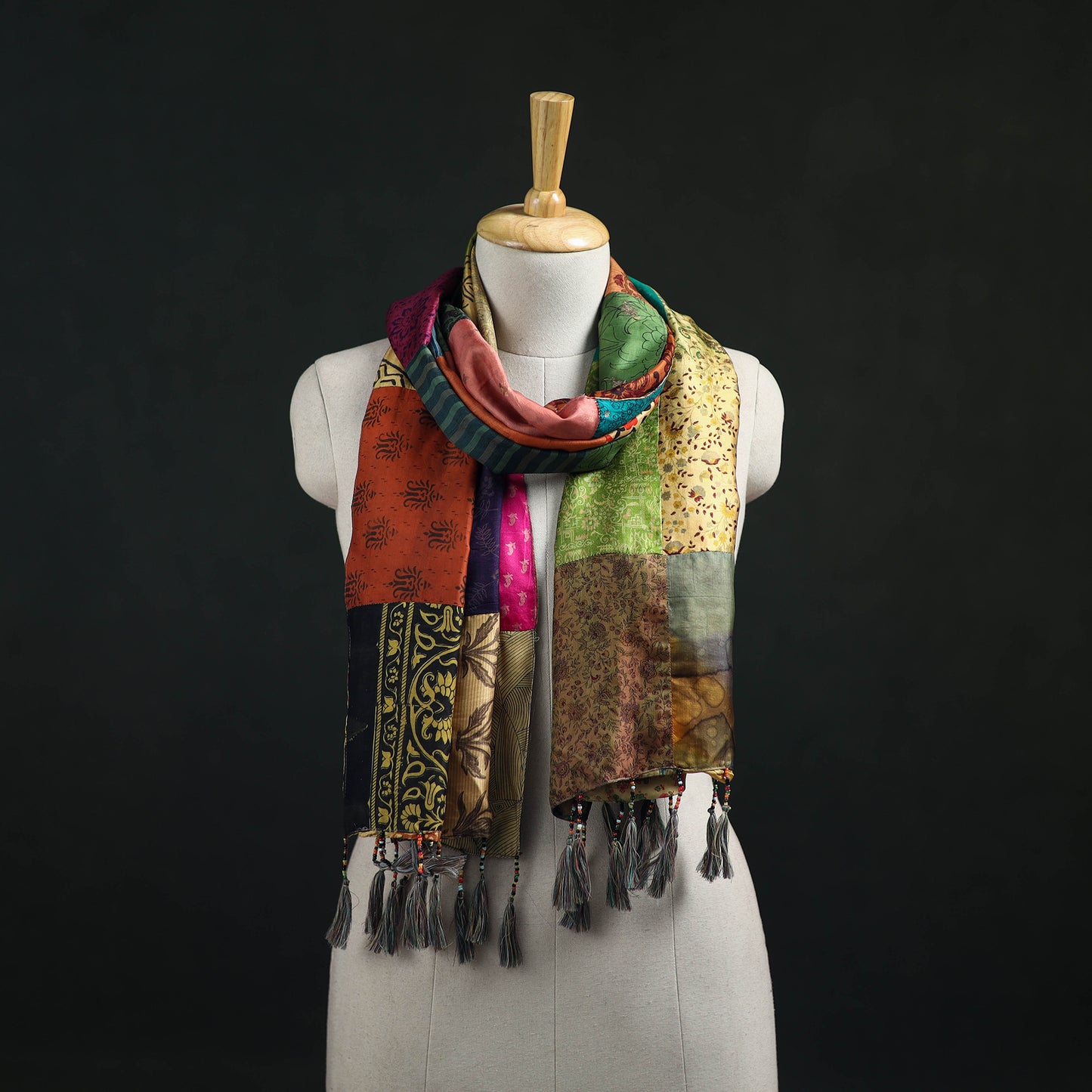 Pure Silk Reversible Patchwork Stole with Tassels 03