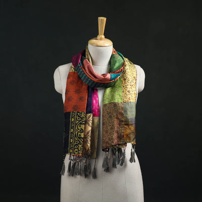 Pure Silk Reversible Patchwork Stole with Tassels 03