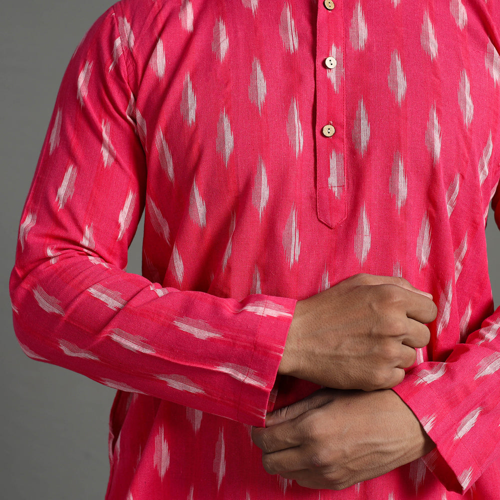 Pink - Pochampally Ikat Weave Cotton Men Short Kurta