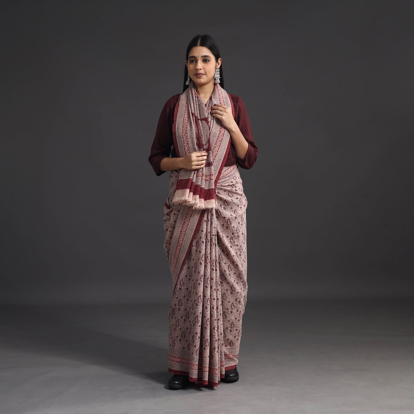 Beige - Handwoven Merino Wool Bagh Block Print Saree 01