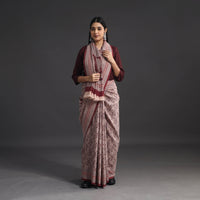 Beige - Handwoven Merino Wool Bagh Block Print Saree 01