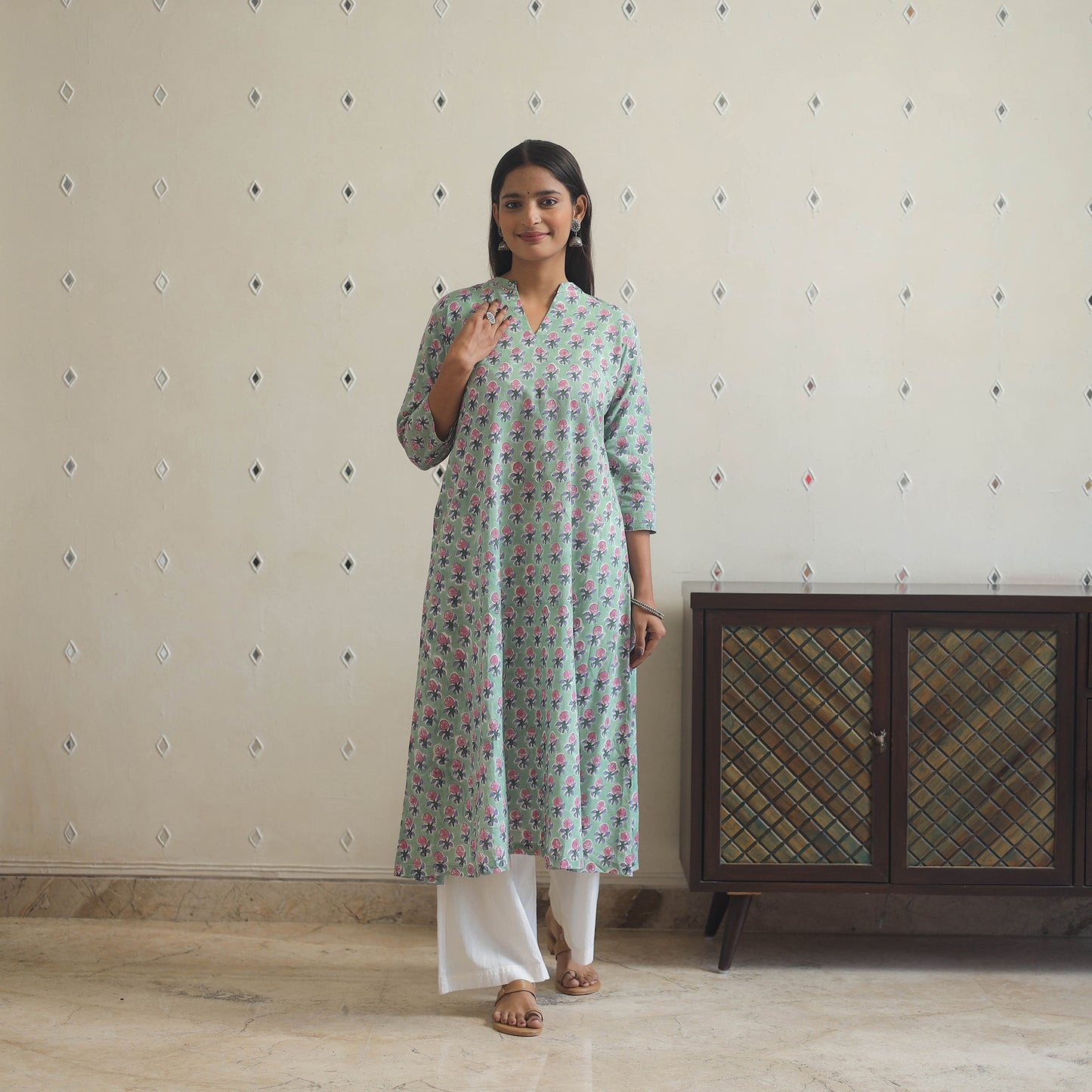 Light Green - Block Print Cotton A-Line Sanganeri Kurta 11