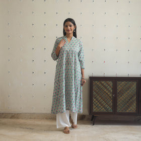 Light Green - Block Print Cotton A-Line Sanganeri Kurta 11