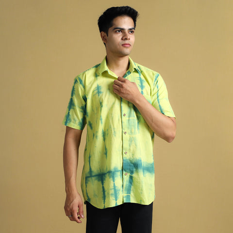 Yellow - Shibori Tie-Dye Cotton Men Half Sleeve Shirt 04