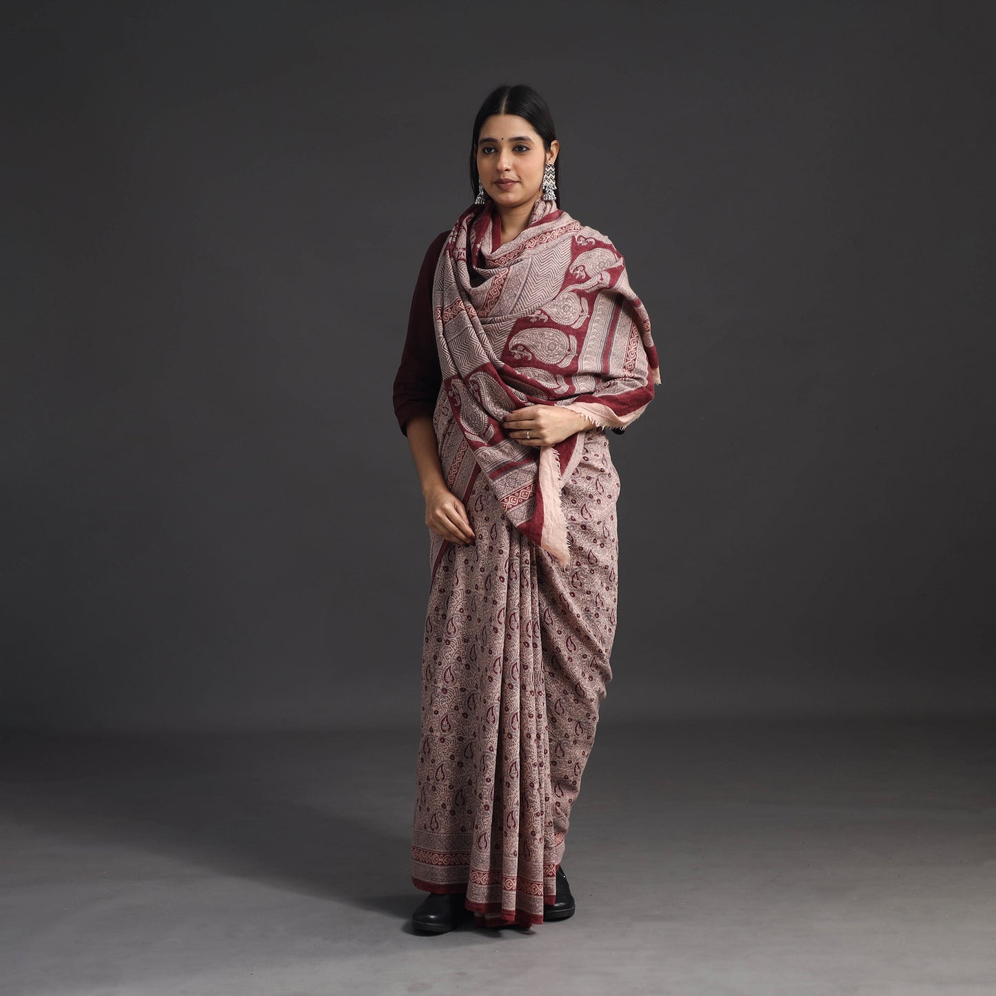 Beige - Handwoven Merino Wool Bagh Block Print Saree 01